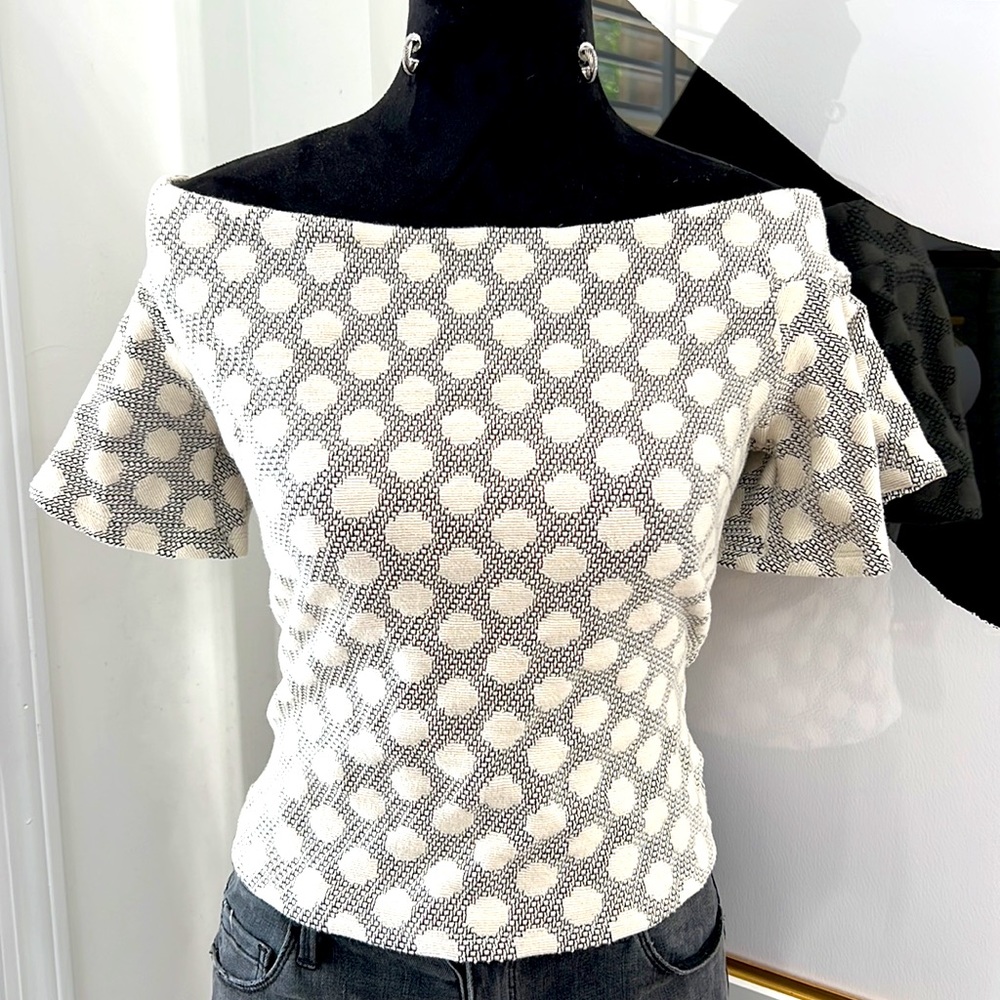 Eri + Ali Black and Cream Boatneck Circle Print Bell-Sleeve Top, Size M
